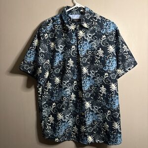 Men's Vintage Vertical Blue Floral Pattern Shirt Size Large